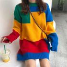 Color-block Crewneck Long-sleeve Sweater As Shown In Figure - One Size