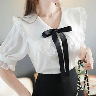 Tie-neck Wide-collar Frill-trim Blouse