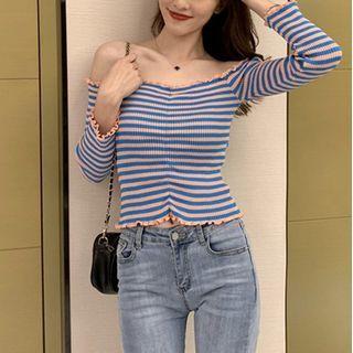 Off Shoulder Long-sleeve Striped Top