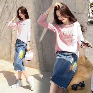 Set: Printed 3/4-sleeve T-shirt + Distressed Denim Skirt