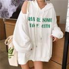 Cutout Shoulder Lettering Hooded Pullover