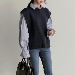 Pinstriped Lantern-sleeve Blouse / Knit Vest / Set