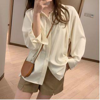 Long-sleeve Button-up Plain Blouse