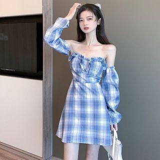 Long-sleeve Off-shoulder Plaid Mini A-line Dress