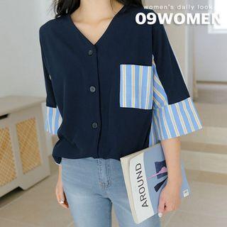 Plus Size Slit-cuff Stripe-panel Cardigan