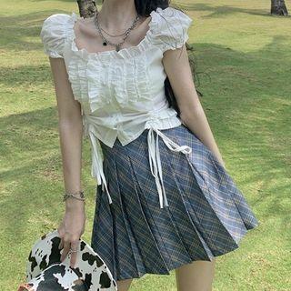 Drawstring Crop Top / Pleated Mini A-line Skirt