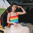 Striped Pointelle Knit Camisole Top Stripes - Red & Orange & Yellow - One Size