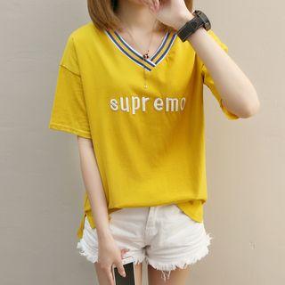 Elbow-sleeve Contrast-collar Embroidery T-shirt