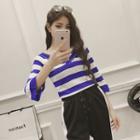 Striped 3/4-sleeve V-neck Knit Top