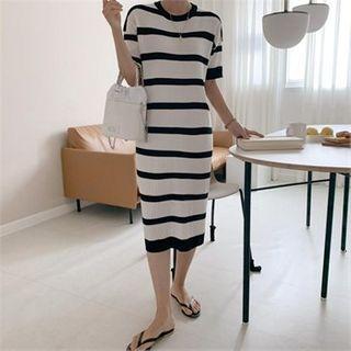 Round-neck Ribbed Striped Knit Dress