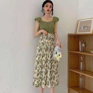 Cap-sleeve Top / Pleated Midi Skirt
