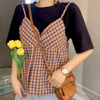 Short-sleeve Plaid Paneled T-shirt