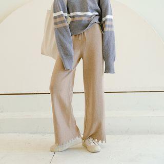 Fringed Wide-leg Knit Pants Khaki - One Size