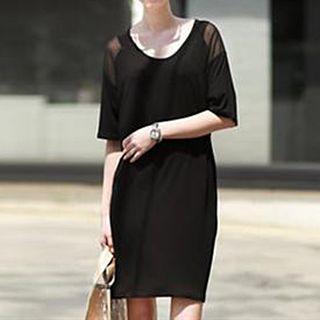 Mesh Insert Elbow-sleeve T-shirt Dress