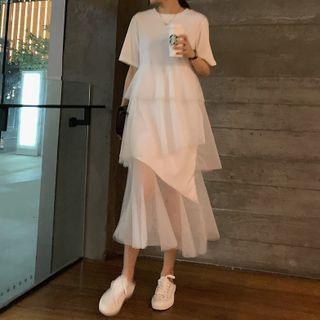 Irregular Layered Mesh Panel Midi A-line Dress