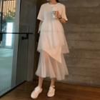 Irregular Layered Mesh Panel Midi A-line Dress