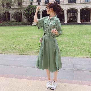 Elbow-sleeve Henley Midi Shirt Dress