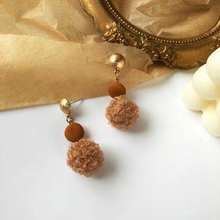 Fleece Ball Dangle Earring 1 Pair - S925 Silver - Stud Earrings - Brown - One Size