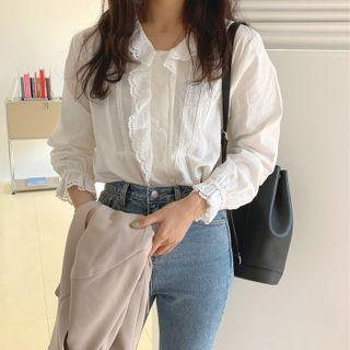 Lace Trim Long-sleeve V-neck Blouse