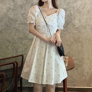 Puff-sleeve Twist-front Cherry Print Mini A-line Dress