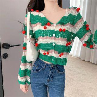 Cherry Striped Pointelle Knit Cardigan