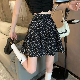 Floral Print Mini A-line Skirt Black - One Size