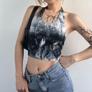 Halter-neck Tie-dye Print Crop Tank Top Black & White - One Size