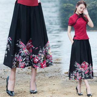 Flower Print Panel Midi A-line Skirt Black - One Size