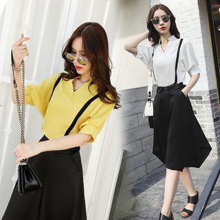 Set: V-neck Elbow-sleeve Blouse + Wide Leg Capri Pants