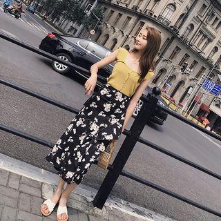 Set: Buttoned Sleeveless Knit Top + Flower Print Midi A-line Skirt