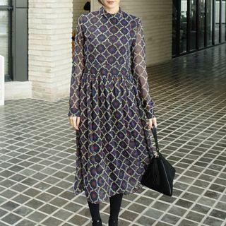 Long Sleeve Floral Print Chiffon Long Sheath Dress