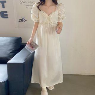Short-sleeve Plain Ruffle Trim Midi Dress Almond - One Size