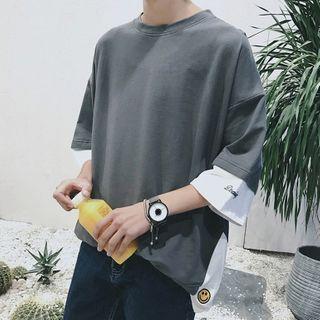 Mock Two-piece Smiley Face Embroidered Round-neck Top
