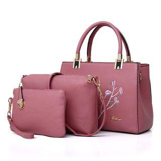 Set Of 3: Embroidered Handbag + Shoulder Bag + Pouch