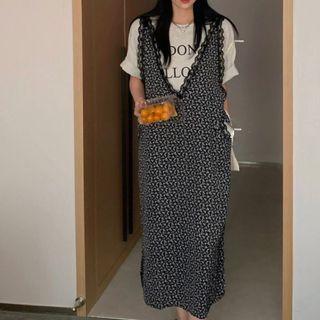 Sleeveless Midi Overall Dress Floral - Black - One Size