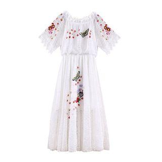 Embroidered Off-shoulder Mesh Dress