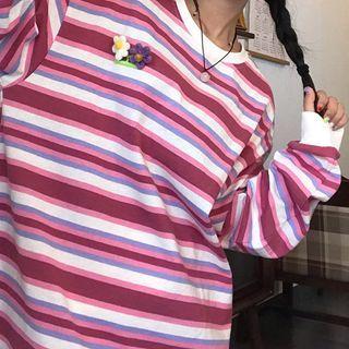 Long-sleeve Striped T-shirt Top With Flower - Striped - White & Pink & Purple - One Size