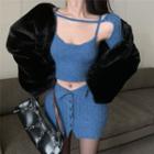 Crop Camisole Top / Fleece Jacket / Mini Pencil Skirt