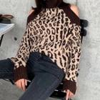 Mock-turtleneck Cold-shoulder Leopard Sweater Coffee - One Size