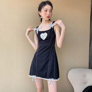 Heart Print Bow Spaghetti-strap Dress