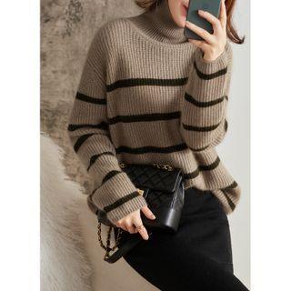 Turtleneck Striped Sweater Coffee - One Size