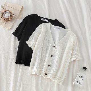 Plain Single-breasted V-neck Short-sleeve Knit Top