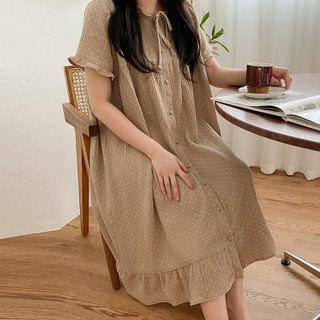 Short-sleeve Dot Print Button-up Sleep Dress