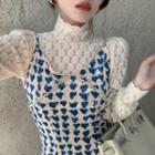 Bell Sleeve Turtleneck Lace Embroidered Top