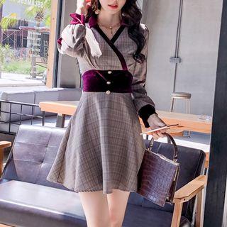Long-sleeve Velvet Panel Plaid A-line Mini Dress