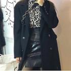 Double-breasted Coat / Leopard Print Blouse / Faux Leather A-line Skirt