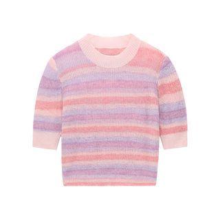 Short-sleeve Striped Knit Top Stripes - Pink & Blue & Purple - One Size