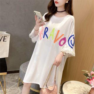 Lettering Lace Trim Short-sleeve Mini T-shirt Dress