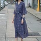 3/4-sleeve Flower Print V-neck Midi Dress