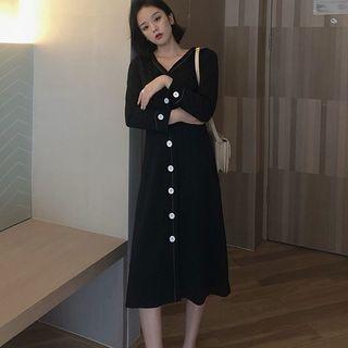 Long-sleeve Single-breasted V-neck Dress Black - One Size